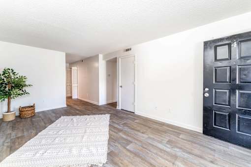A room with a black door and a white rug on the floor.