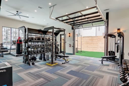 a home gym with weights and a punching bag in Asheville