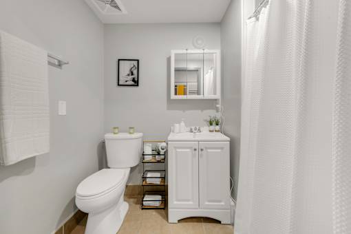 A white bathroom with a toilet, sink, and shower curtain.