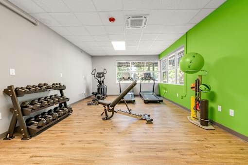 A gym with a green wall and wooden floor.