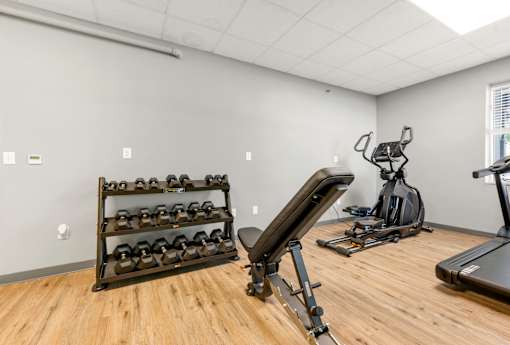 A gym with a bench, weights, and exercise equipment.