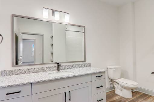 A bathroom with a sink, mirror, and toilet.
