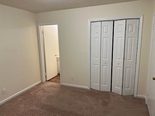 A room with a carpeted floor and white walls.