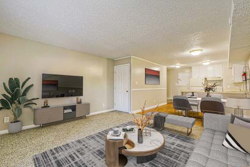 A living room with a grey rug and a white sofa.