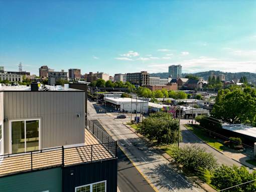 A view of a city from a high vantage point.