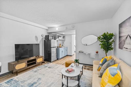 A living room with a television, a couch, and a potted plant.