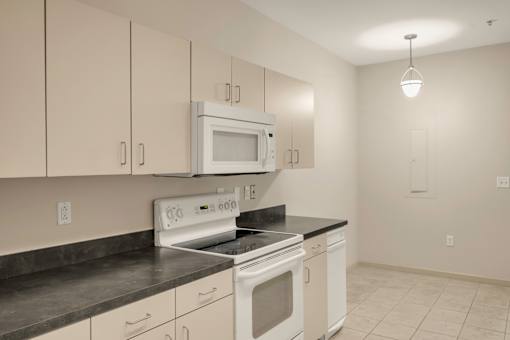 A kitchen with white cabinets and black countertops.