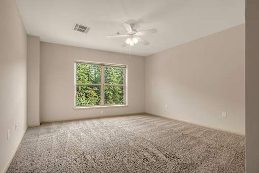 A room with a ceiling fan and a window showing trees outside.