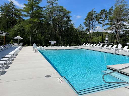 3-Bedroom Garden-Style Apartments In Weaverville, NC - Highline North - Resort-Style Salt Water Pool With Plenty Of Lounge Chairs And Umbrellas Surrounded By Tall Trees