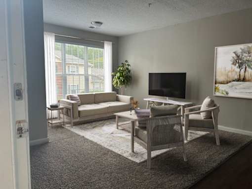 A living room with a couch, chair, and television.