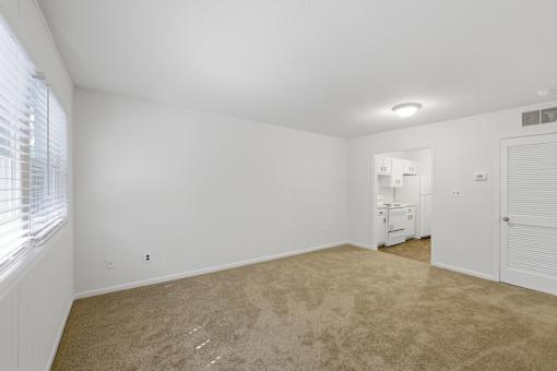 A room with a carpeted floor and a window with blinds.
