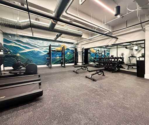 A gym with treadmills, weights, and a wall mural.