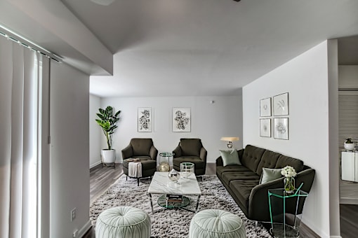 A living room with a grey couch, a glass table, and a plant.