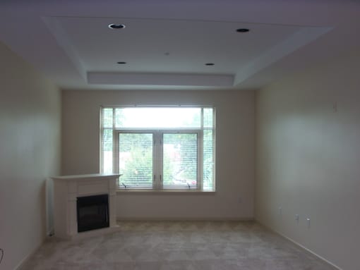 A room with a fireplace and a window.