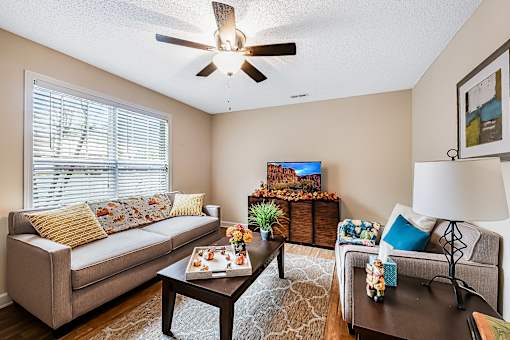 A living room with a couch, a coffee table, and a television.
