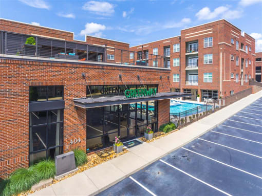 Image of Greenway Entrance with Pool to the Side at Greenway at Fisher Park, Greensboro, NC, 27401