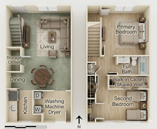 A floor plan of a home showing a living room, dining room, kitchen, and two bedrooms.