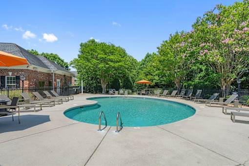 A large swimming pool surrounded by lounge chairs and trees.