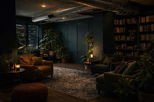 A cozy living room with a large window, a bookshelf, and a variety of plants.