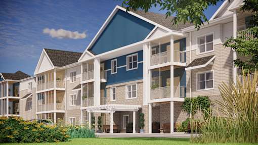 A blue and white two story apartment building with a balcony on the second floor.