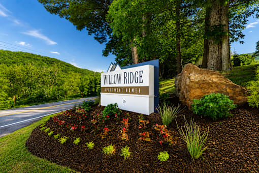 A sign for Willow Ridge is in front of a large tree.
