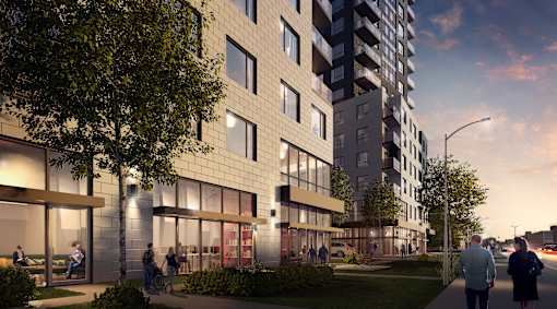 a rendering of a tall building with people walking in front of it