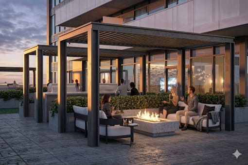 A modern outdoor seating area with people sitting and a fire pit.