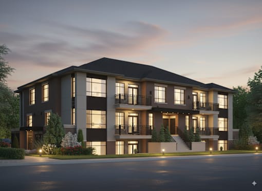 A modern apartment building with a balcony on the second floor.