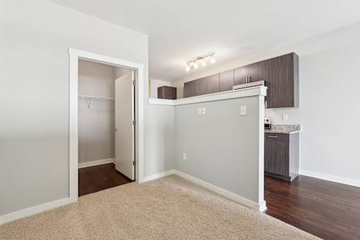 A room with a carpeted floor and a white door.