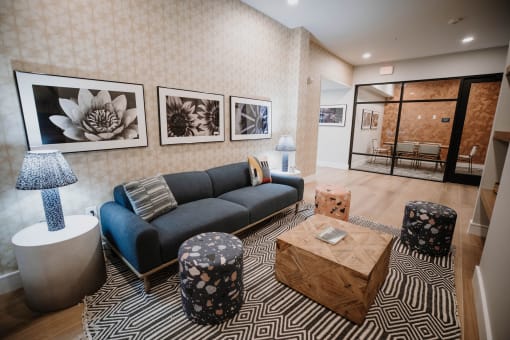 a living room with a couch and a coffee table