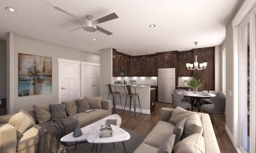 Living Room With Fan and Hardwood Flooring and Furniture at Moenave Townhomes in Springdale, Utah