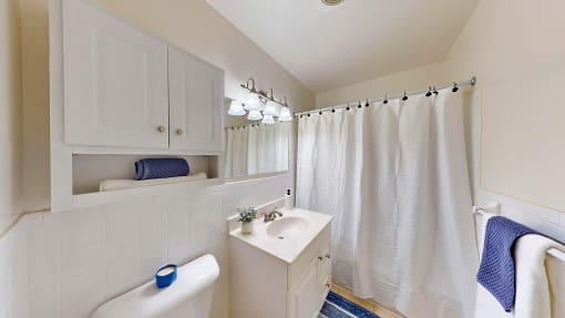 a bathroom with a sink toilet and shower