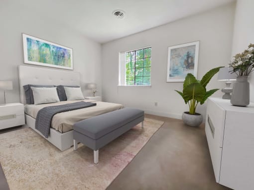 a bedroom with a bed and a dresser and a window