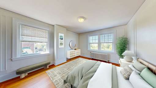A living room with a white couch and a green rug.
