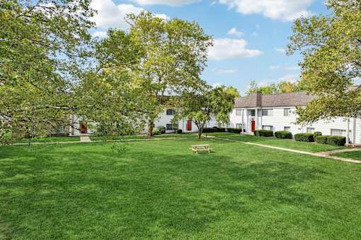 A green lawn with a bench and trees in front of a white house.
