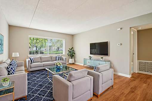 A living room with a grey couch, a glass coffee table, and a television.