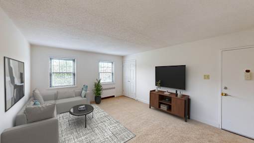 A living room with a grey couch, a black television, and a coffee table.