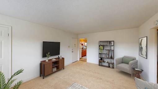 A living room with a television, a couch, and a plant.