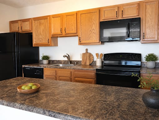 A kitchen with black appliances and wooden cabinets.