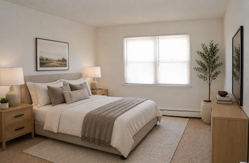 A bedroom with a bed, nightstand, and a painting on the wall.