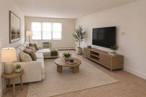 A living room with a white couch, a coffee table, a television, and a potted plant.
