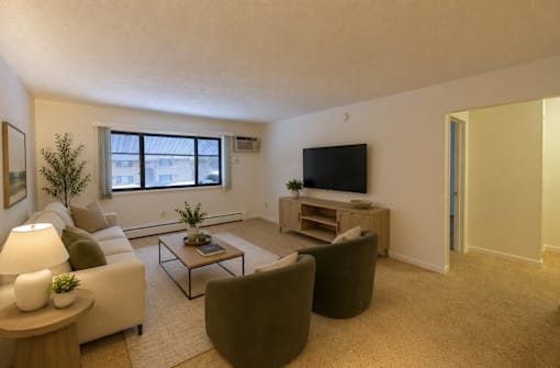 A living room with a couch, chair, and television.