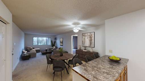 A living room with a grey couch and a round table with chairs.