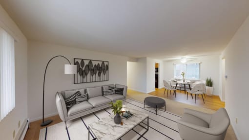a living room with a couch and a table