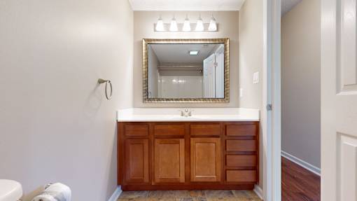 A bathroom with a wooden vanity and a mirror above it.