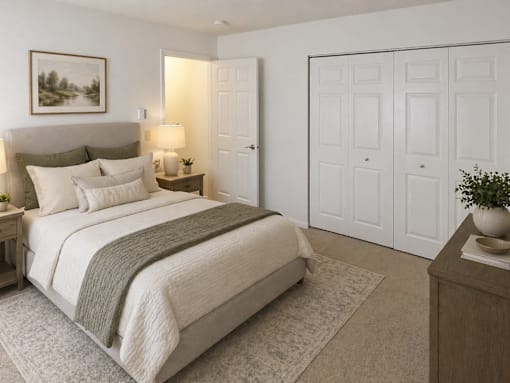A bedroom with a large bed and a painting on the wall.