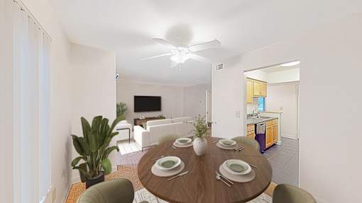 A dining room with a table set for six people.