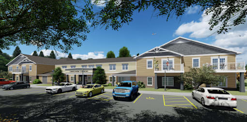 A rendering of a modern apartment complex with cars parked in the driveway.
