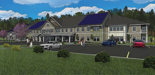 A rendering of a modern building with solar panels on the roof.