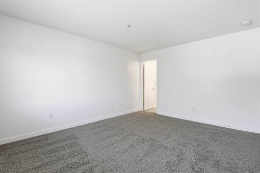 A room with a carpeted floor and a door.